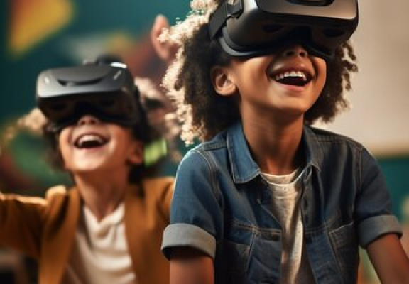 Students using VR headsets in classroom